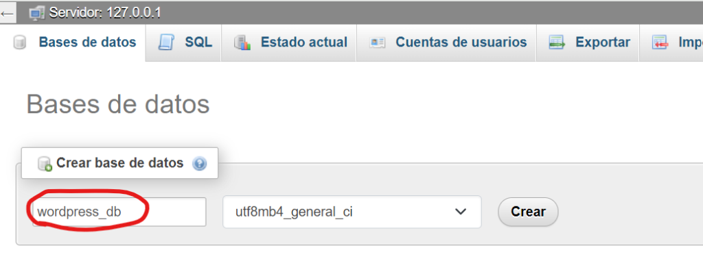 Crear Nueva base de datos phpMyAdmin