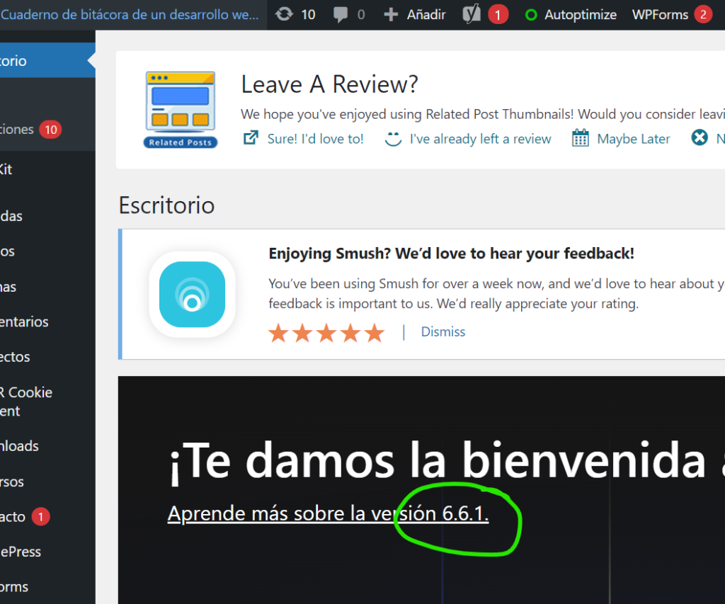 Detectar version worspress dashboard