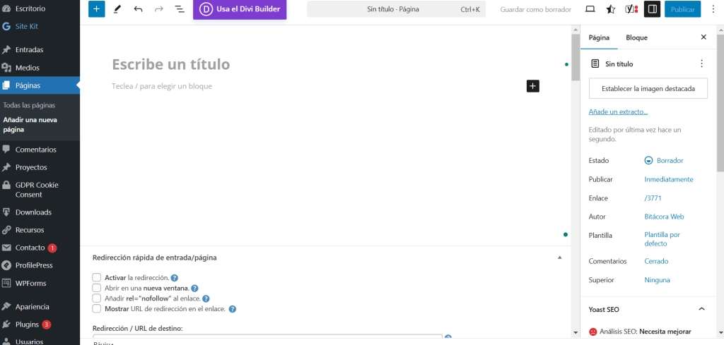 Crear página WordPress