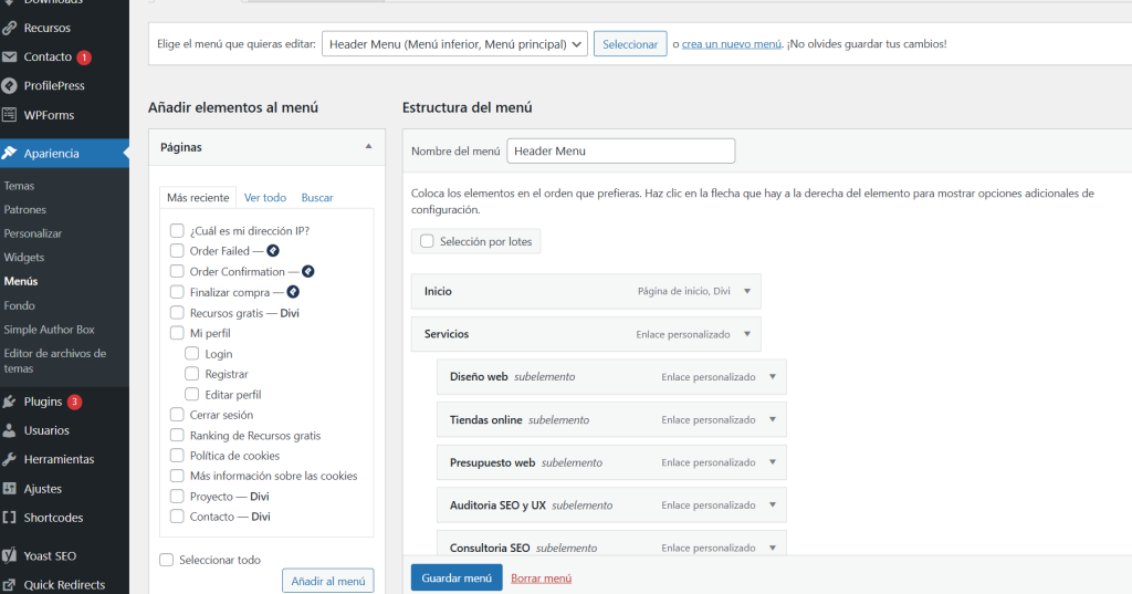 Crear menú WordPress